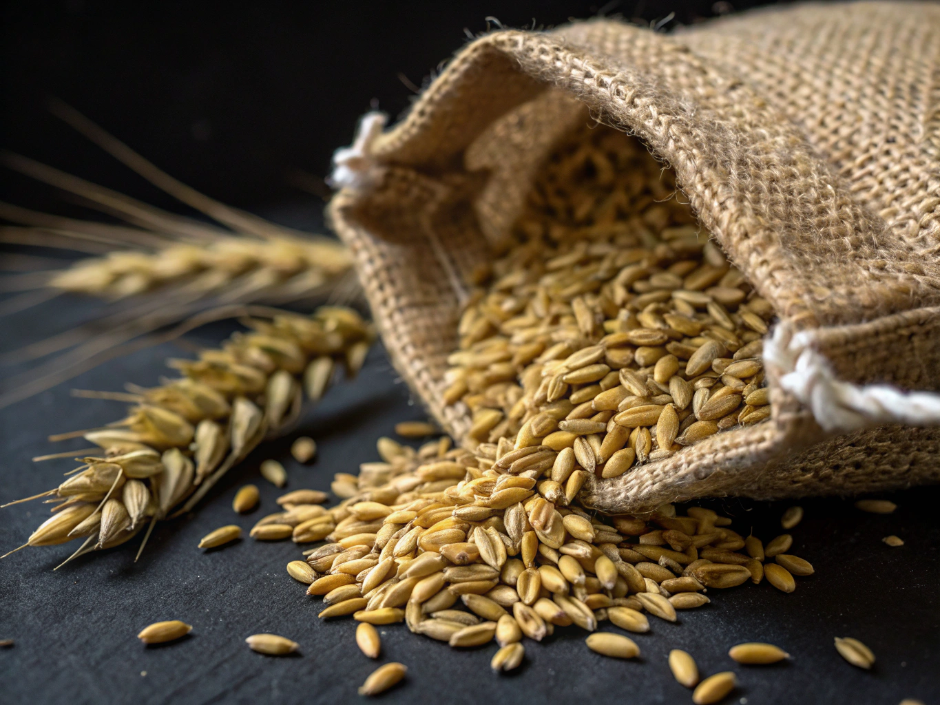 Open burlap sack filled with non-GMO whole grains, cracked corn, and sunflower seed scratch