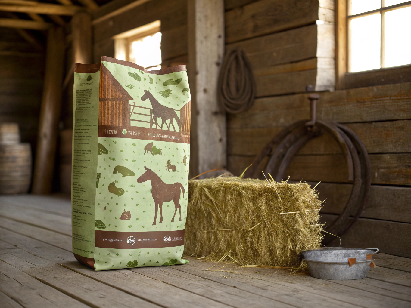 Clean alfalfa and barley forage pellets in a hand-hewn cedar trough feeder