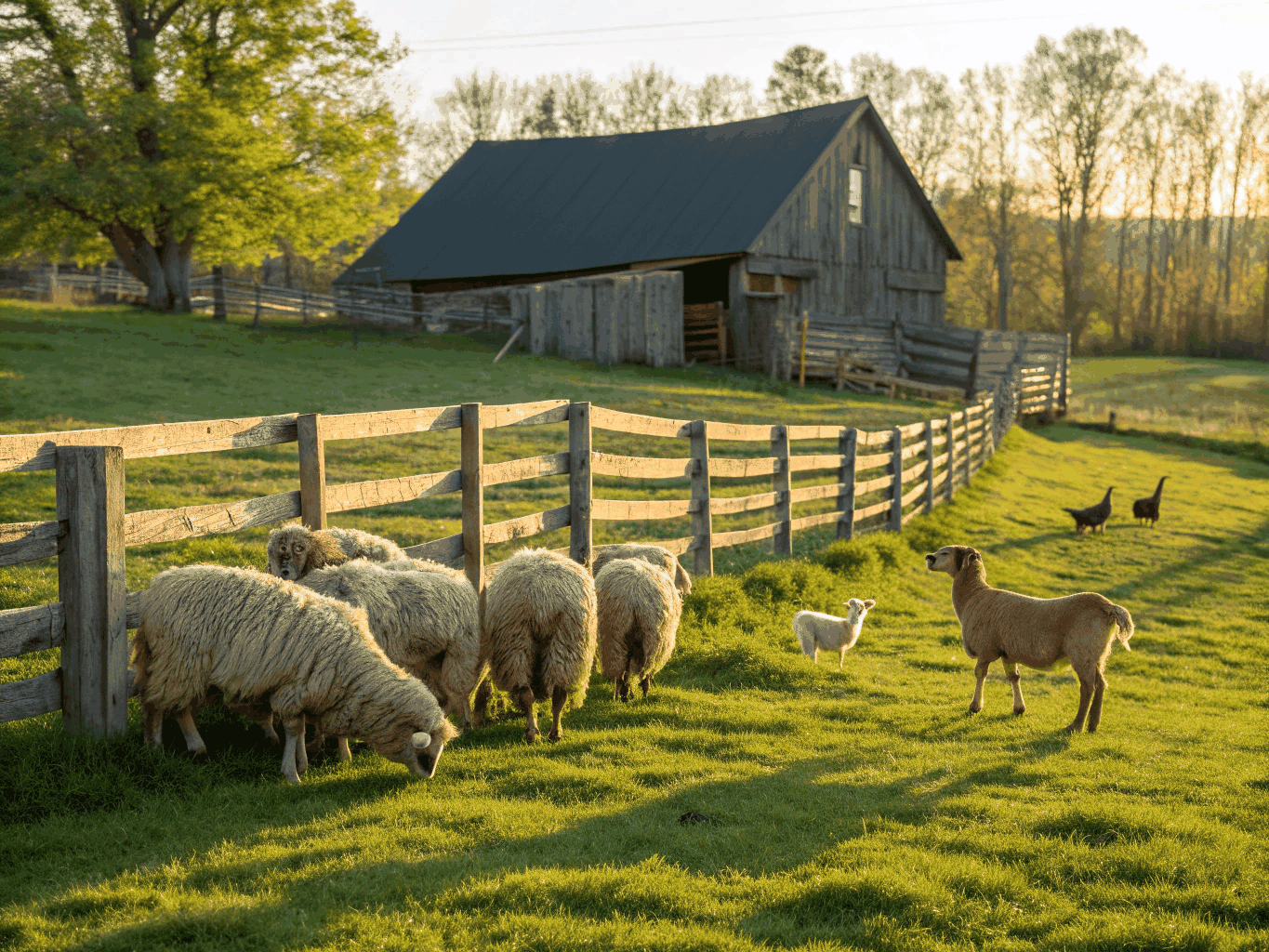 Healthy hens and goats feeding side-by-side in a sun-dappled grassy paddock